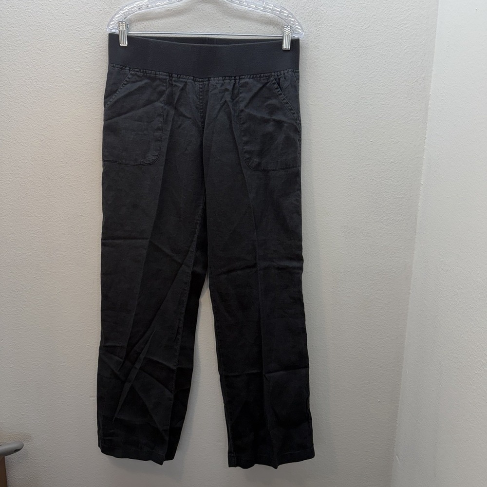 Allen Allen Linen Pants Womens M Black Baggy Straight Pull On Stretch Minimalist